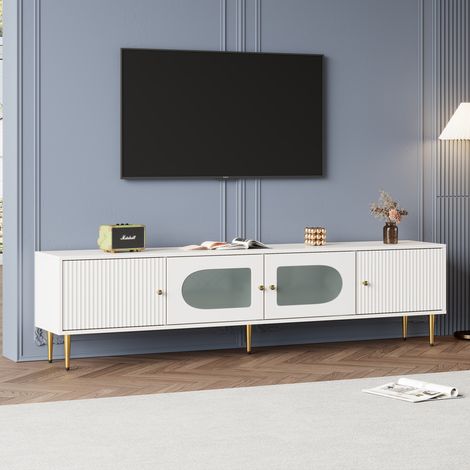 Meuble TV élégant 1703550 cm – corps blanc avec pieds et poignées dorés, 2 portes à rainures verticales, 2 portes avec verre arqué, capacité 35KG, meuble TV, support TV, meuble bas TV (1/5)
