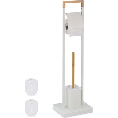 Serviteur WC, Bambou, Acier Inoxydable, Support à Poser, Brosse et Porte-Brosse, Blanc - Nature (1/5)