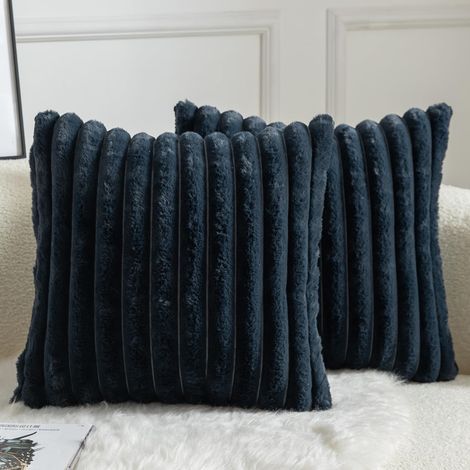 Lot de 2 Housse de coussin Rayures Fausse fourrure Velours Fermeture éclair Salon Chambre 40x40 cm Bleu (1/5)