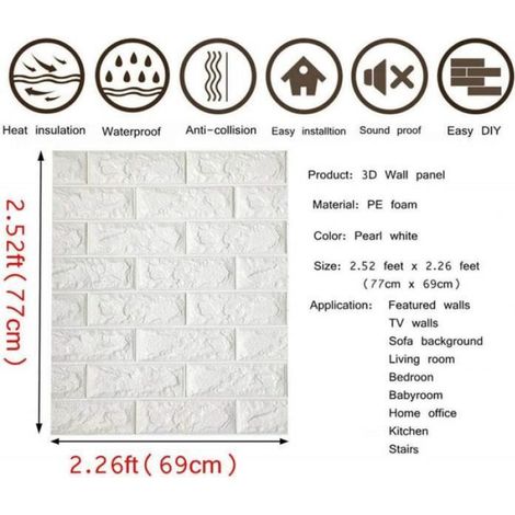 Lot de 2 Papier Peint Autocollant 3D effet Brique Pierre, - Résistant à l'eau - En PVC - 77 cm x 70 cm Revetement Mural (1/4)