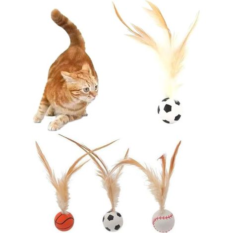 Set di palline interattive per gatti con piume - Giocattolo rimbalzante a molla con piume naturali, palla rotolante in silicone per gatti e gattini da interno, sicuro, divertente e durevole (1 set)
