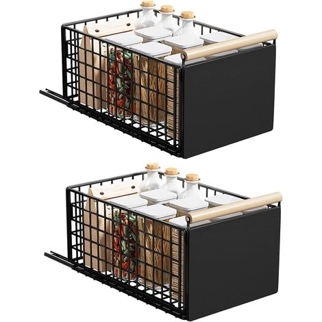 2 pièces tiroir coulissant cuisine, Tiroir télescopique plus hauts, Avec glissières de tiroir et poignée en bois, Tiroir en métal pour armoires de cuisine Organiseur - 40x24×19.5CM (1/5)