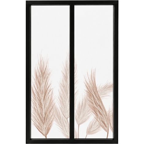 Verrière atelier intérieure aluminium noir 2 vitrages 69 x 117 cm - Décor végétal - Pampa - ocre et transparent - Verre trempé (1/5)