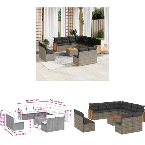 12-tlg. Garten-Sofagarnitur mit Kissen Grau Poly Rattan - Gartenmöbel Set - PE-Rattan Möbel - Outdoor Lounge - Esstisch - Sofasatz - Home & Living (1/3)