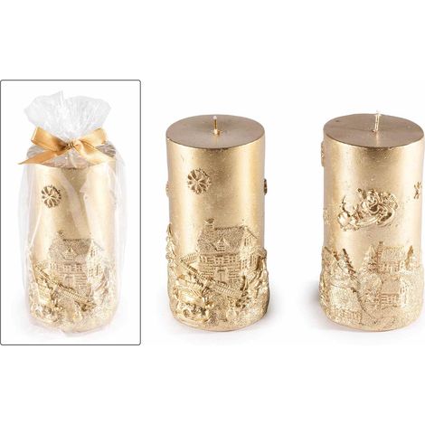 Candele dorate medie di Natale decorate con paesaggio in rilievo in confezione singola, set da 6 pezzi, Ø 6 cm x 12 H
