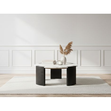 BOBOCHIC - Table basse ronde D.85 cm TORVI plateau marbre et pieds bois massif de manguier noir (1/5)