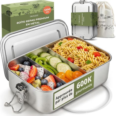 Lunch Box en Acier Inoxydable 1200ml - Bento Lunch Box Inox Étanche avec 3 Compartiments & Joint d'Étanchéité - Boite Repas Durable & Anti-Fuite (1/5)