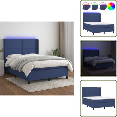 Sommier à lattes de lit matelas LED Bleu 140x200 cm Tissu - Sommier Tapissier - Lit Avec Led - Matelas À Ressorts Ensachés - Tête De Lit Réglable - Éclairage LED (1/5)