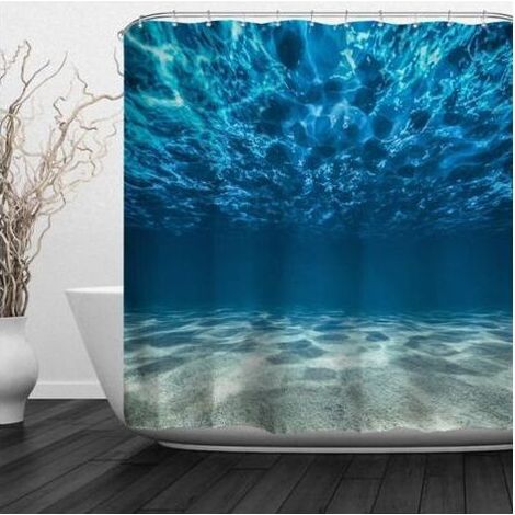 Cortina de ducha azul antimoho con gancho, cortina de ducha de tela, cortina de ducha para baño, diseño mundo submarino, 180 cm x 180 cm (1/5)
