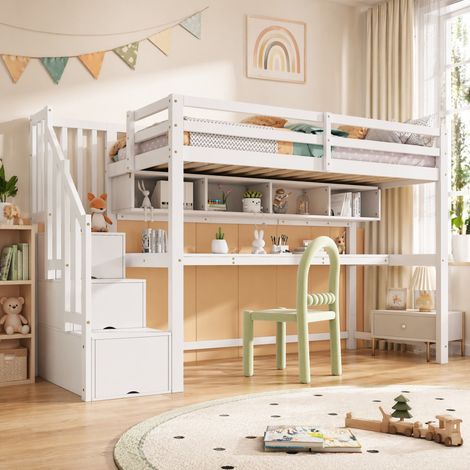 Kinderhochbett 90x200 cm Weiß aus Massivholz und MDF mit Stauraumtreppe und Schreibtisch (1/5)