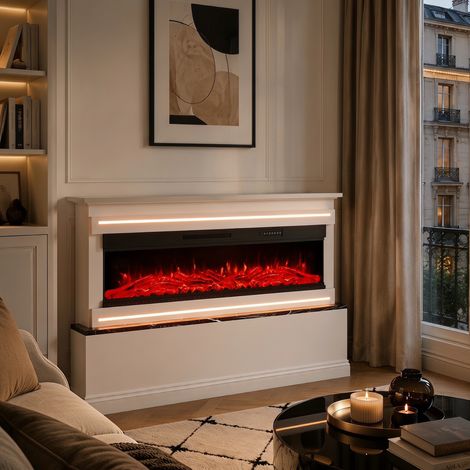 Cheminée électrique murale 60", fonction chauffage 750w/1500w, avec flamme imiter bois 12 couleurs et LED, télécommande + minuterie, Blanc (1/5)