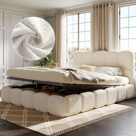 Lit Coffre Double 180x200 cm en Tissu Bouclette Blanc - Lit capitonné Rangement Hydraulique et Tête de Lit Rembourrée - Sommier Inclus, Scandinave