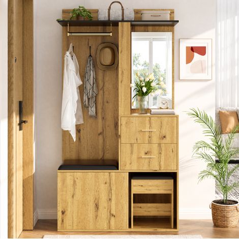 Vestiaire d'entrée 100x40x172,5 cm en MDF naturel et noir avec rangement, gain de place – MEUBLIV (1/5)