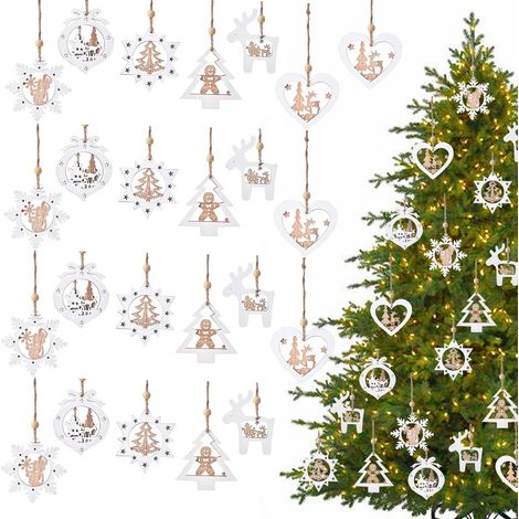 24PCS Décorations de Noël en Bois, d'arbre de Noël Décoration, Endentifs en Bois de Noël, Hanging Décoration de Noël, Ornements Suspendus de Renne en Bois, Xmas Ornaments pour Noel (1/5)