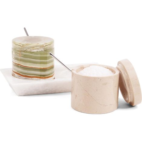 Verona and Green Lot de 2 pots à sel en marbre avec couvercle et plateau de 7,6 cm faits à la main pour le rangement de la cuisine, sucrier de table et salière pour comptoir (1/5)