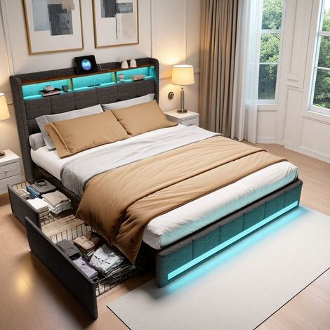 Lit avec rangement - 140x190 cm - Gris - LED intégrée - 4 tiroirs (1/5)