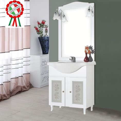 Mobile Da Bagno Bianco Completo Modello Giada Ante Vetro 75cm Legno con Specchio (1/3)