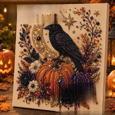 DIY Halloween Raven Pumpkin Handmade Pearl Painting Bedroom Decor Set - 2020cm with Frame