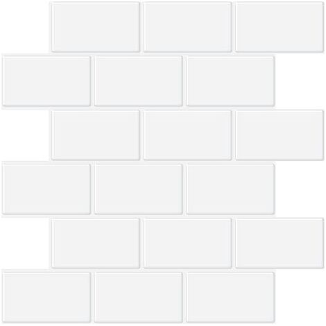 Credence Adhésif pour Cuisine Salle de Bain, Faux Carrelage Adhésif Mur Blanc Credence Cuisine Adhésif, Imperméable Metro 3D Carrelage PVC Adhésif Mural, 4 Pièces (Blanc, 5 Feuilles)