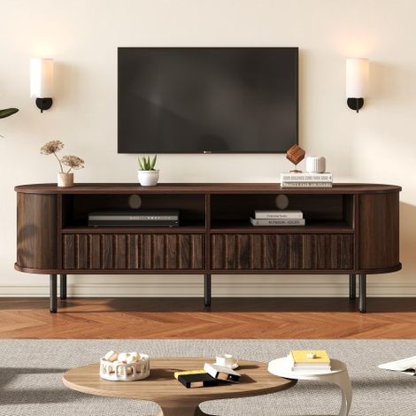 Meuble TV 160 x 40 x 48 cm, meuble bas à 2 placards, meuble de salon à 2 tiroirs, meuble TV couleur noyer, MDF, table TV, support TV à 5 pieds, compatible avec les téléviseurs jusqu'à 65 pouces. (1/5)