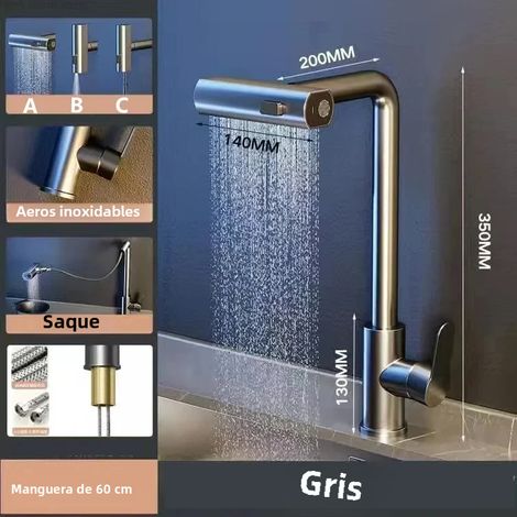 (Gris) Robinet de cuisine cascade en acier inoxydable érable, rotation à 360°, mélange d'eau chaude et froide, conception extractible. (1/5)