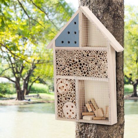 Insect Hotel - Hôtel pour Abeilles et Insectes en Bois de Platane - Refuge et Décor de jardin - Boîte de Nichoir 35x25.5x3.6cm - Lot 1 pièce (1/4)