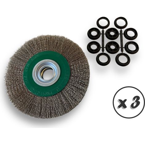 Lot de 3 brosses circulaires INOX Ø 200 mm Epaisseur 3 rangs Fil dur 0.30 mm ondulé Alésage 32 mm + réducteur bague 25/22/20/16/12 mm Touret affûteuse ponceuse Kibros 238203ITx3
