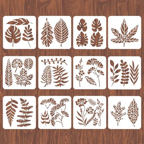 Lot de 12 pochoirs muraux réutilisables en forme de feuille pour la fabrication de cartes, les meubles, la chambre à coucher, la décoration de Noël 15,2 x 15,2 cm
