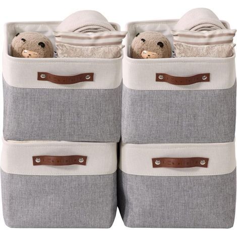 paniers de rangement pliables en tissu cationique robuste et pliable avec poignées pour étagère pour chambre d'enfant ou penderie (Gris et blanc, Large - 4 Pack) (1/5)