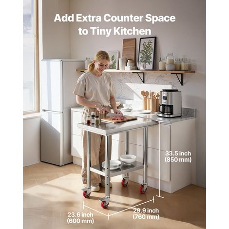 Table de travail en acier inoxydable 76 x 60 cm, table de préparation des aliments avec roulettes et étagère inférieure réglable, pour cuisine commerciale, restaurant, hôtel, garage, extérieur (1/5)