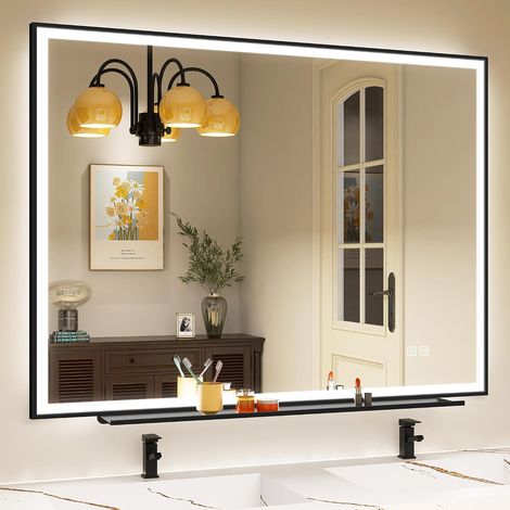 STARLEAD 120x90cm Miroir-Salle-de-Bain-avec-Eclairage-et-Tablette, Cadre en Aluminium Noir, Anti-Buée Miroir-LED-Salle-de-Bain, 3 Couleurs Réglables, Verre Trempé, IP44, Horizontal/Vertical (1/5)