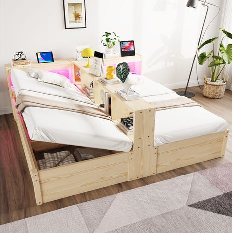 Letto multifunzione in stile moderno 90/180x200 cm, MDF effetto legno naturale, con testiera LED, prese integrate e vano contenitore idraulico (1/5)