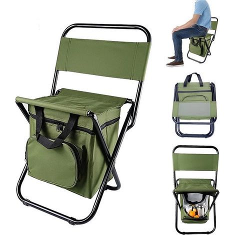 Chaise pliante - Chaise de pêche pliable avec sac isotherme intégré - Chaise de camping compacte pour la pêche et les pique-niques - Légère et portable - Vert (1/5)