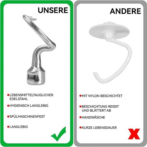 Crochet à pétrir en acier inoxydable compatible KitchenAid 5 L (1/4)
