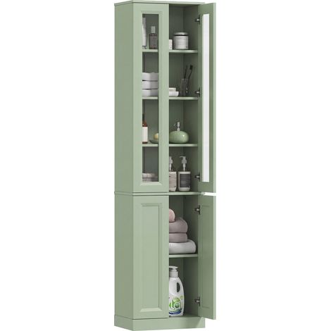 Meuble de salle de bain - HOMCOM - 6 niveaux - 4 portes à fermeture douce et étagères réglables - bois - 38x26x160cm - vert
