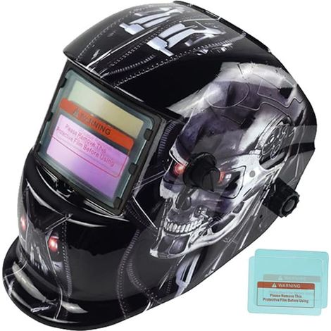 Casco per saldatura auto-oscurante a energia solare per molatura ad arco Tig Mig e taglio al plasma con gamma di oscuramento regolabile DIN4/9-13 Protezione UV/IV (Teschio) (1/5)