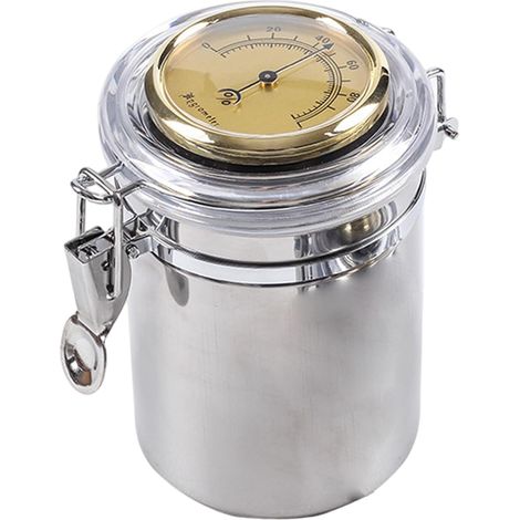 Barattolo per tabacco ermetico in acciaio inox con igrometro e umidificatore integrati, contenitore portatile per sigari con chiusura di sicurezza, ideale per viaggi e uso domestico.