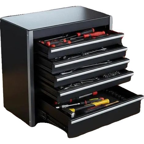 Caja de herramientas, 5 cajones, construcción de acero resistente, color negro. (1/2)