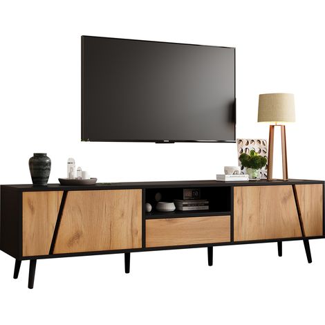 Mobile Porta TV con 2 Ante e 1 Cassetto, Vano Semiaperto, Stile Moderno, in Pannello Truciolare, Nero e Legno, 180×40×46 cm (1/5)