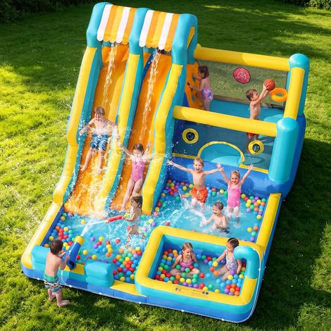 Château Gonflable XXL avec Toboggan Double et Piscine pour Enfants Jeux d'Eau Été, Activités Extérieures Jardin Intérieur, 465×380×230 cm (1/5)