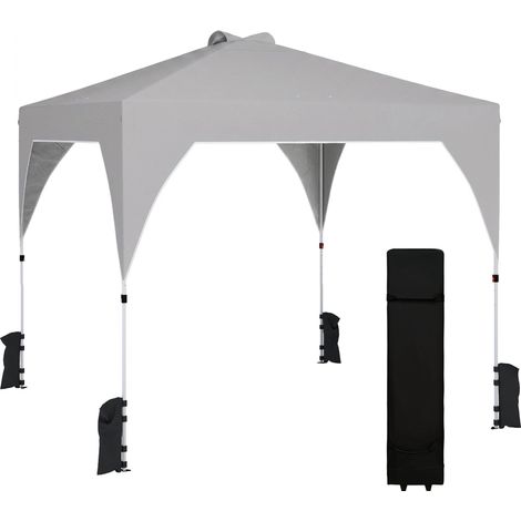Tente pliante 3x3m à déploiement instantané avec système de verrouillage centralisé, hauteur réglable, sac de transport à roulettes et sacs de lestage, grise