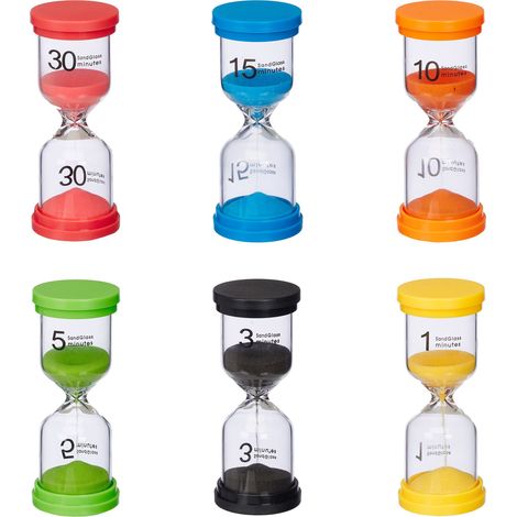 Relaxdays Clessidra per Bambini, Set 6 Timer Cucina 1, 3, 5, 10, 15, 30 Minuti, 11 x 4,5 cm Orologio Bambini, Colorato