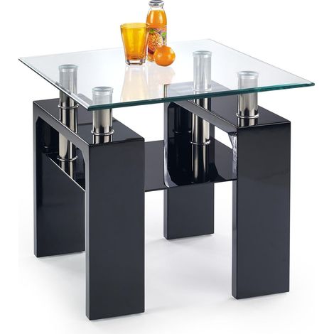 Mesa de centro Houston 546, Negro brillante, 55x60x60cm, Diámetro: 0, Vidrio templado, Angular