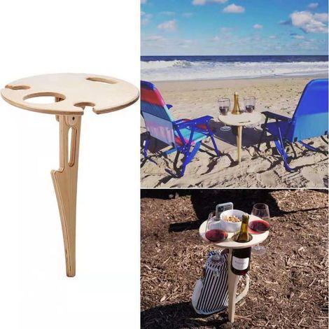 Table à vin portable d'extérieur -Table ronde pliante -Table de pique-nique en bois -nique pour extérieur -Parc pelouse -Support pour verre à vin - Voyage 45cm