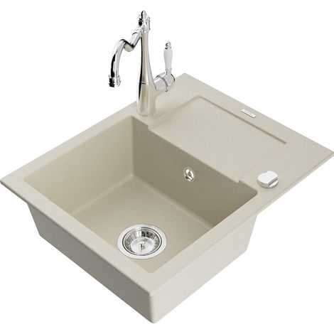 Mexen Enzo évier en granit 1 cuve avec égouttoir et robinet de cuisine Carla, beige - 6506-69-670700-00 (1/5)
