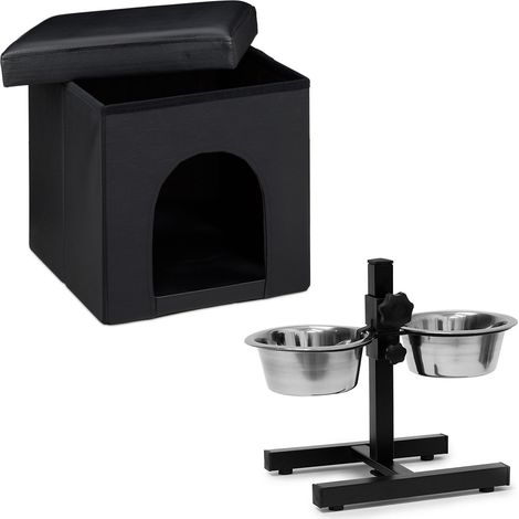 2 teiliges Set Home Sweet Hund Deluxe M, Hundebox als Sitzhocker mit Tierhöhle, Hundebett schwarz, Doppelnapf höhenverstellbar, Futterstation (1/5)