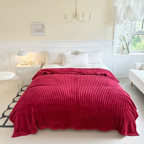 Couverture polaire à rayures en fourrure de lapin, épaisse couverture d'hiver pour les siestes et un sommeil douillet, couleur bordeaux - 180 x 200 cm (1/5)