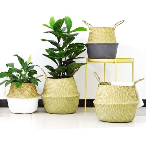 Sac pliable en paille, trousse de rangement pour produits cosmétiques, panier à linge, panier pliable en algues tressées, articles ménagers, diamètre 27 cm x hauteur 24 cm (1/5)
