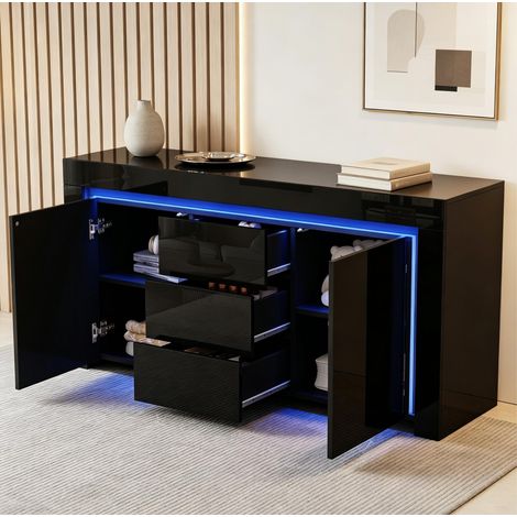Mobile TV 140 x 40 x 65 cm con 2 ante, 3 cassetti, LED, MDF nero DESVIAE (1/5)