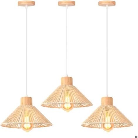 3x Lustre Luminaire Vintage,26cm Lampe Plafonnier Industriel en Rotin Blanc et Bois Suspension Style Nordique pour Salon (1/5)